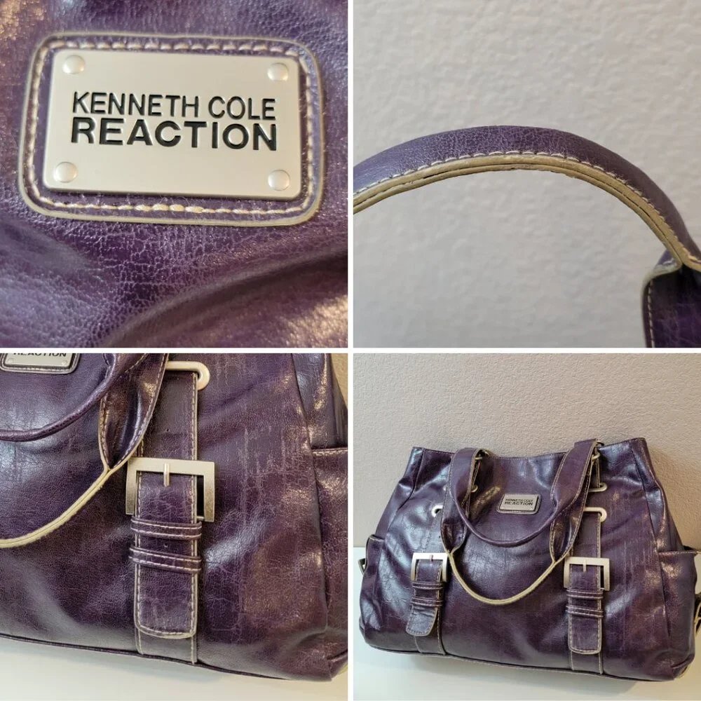 KENNETH COLE REACTION Purple Distressed Faux Leather Shoulder Bag Tote - Picture 7 of 8